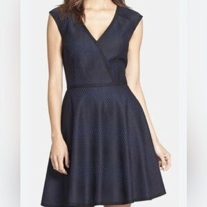 TRINA TURK fit & flare Sz 8 Blue w/ Black Mesh Overlay V-Neck Cut-Out Back Dress